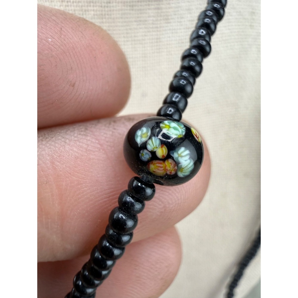Vintage Estate Necklace Black Beaded Glass Floral Flapper Opera 38in